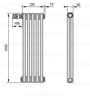 Схема (чертеж) Радиатор Zehnder Charleston 2300/5 №V011 Белый глянцевый RAL 9016
